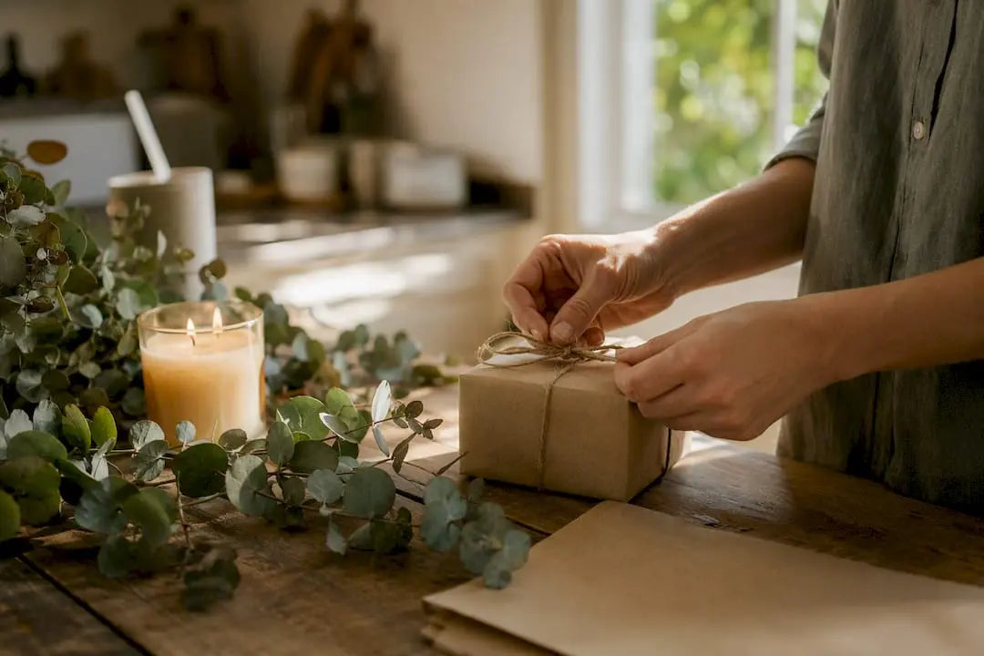 Hands wrapping a scented candle gift for Father's Day