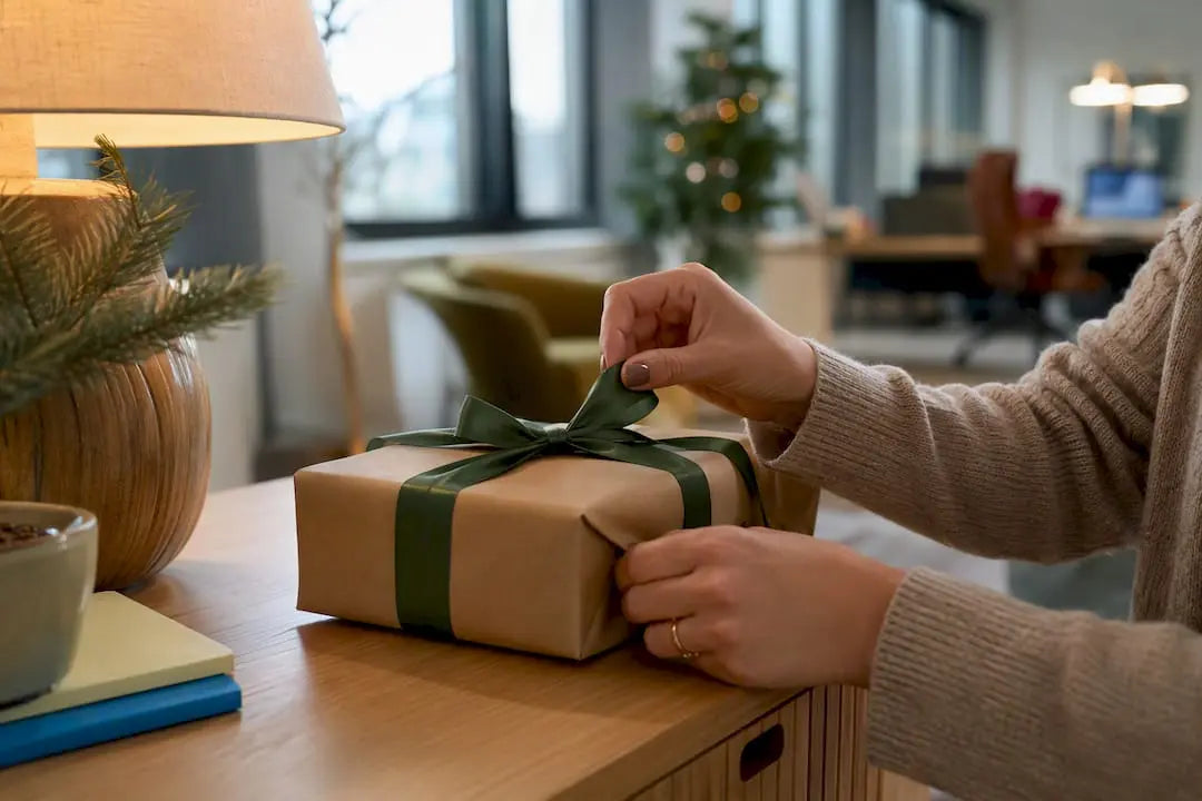 Wrapped office Secret Santa gift on sideboard