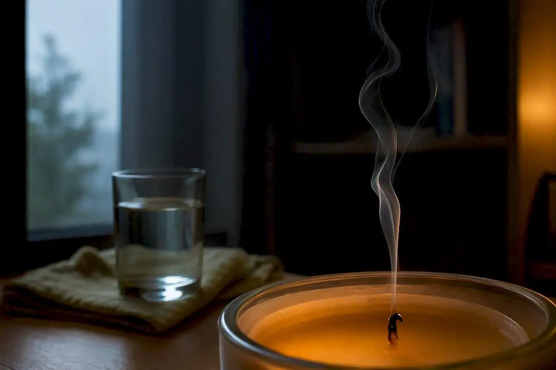 Candle flame and faint indoor smoke