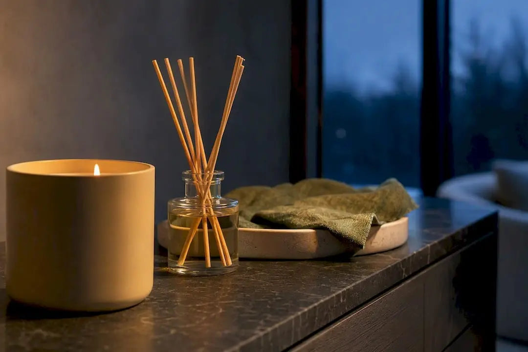 Candle flame beside diffuser reeds