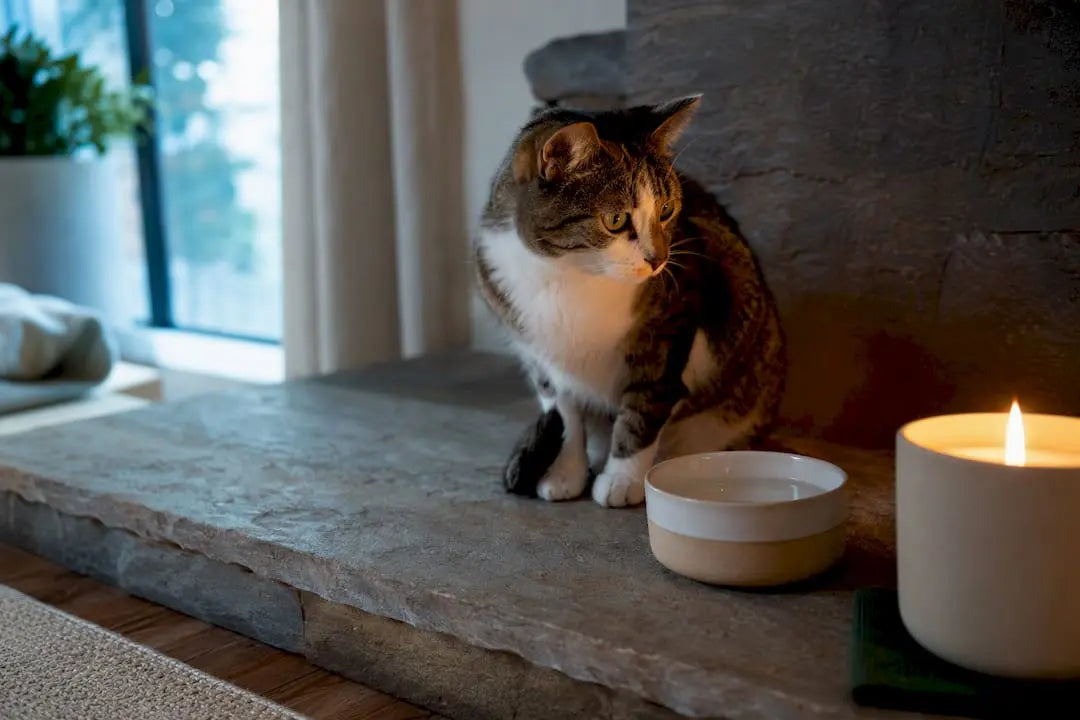 Cat near a softly burning candle