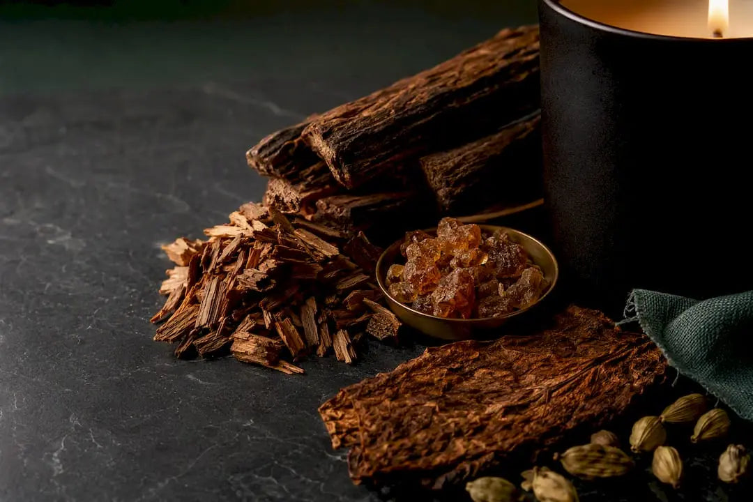 Woody candle scent materials beside cropped vessel