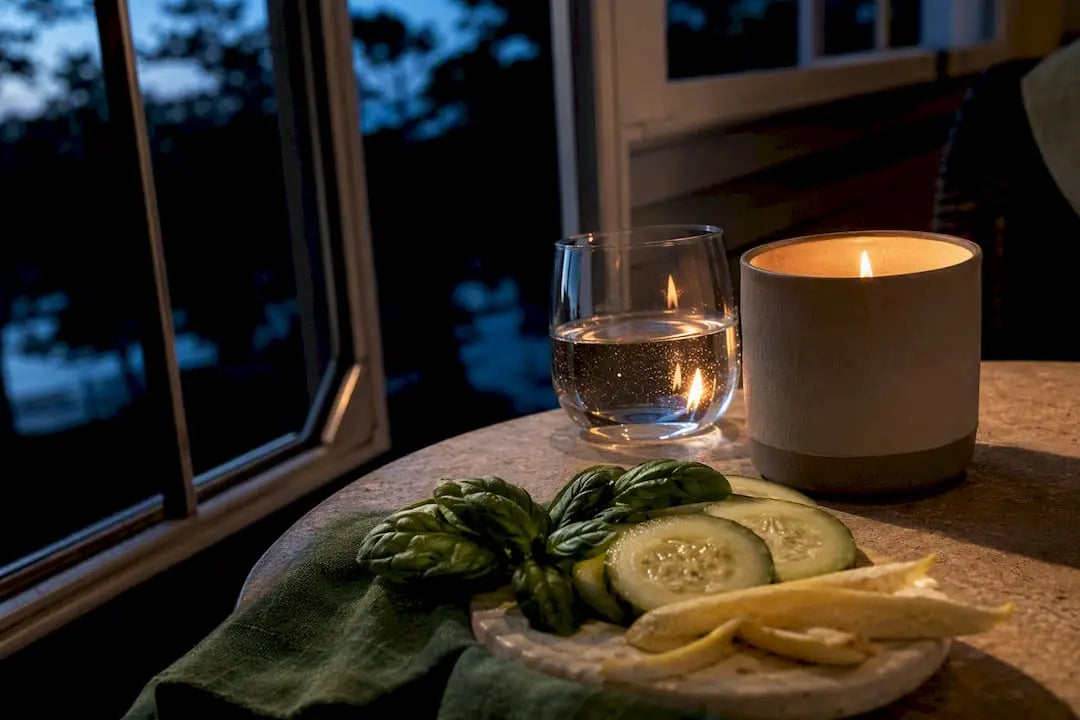 Green summer candle scene on an airy porch