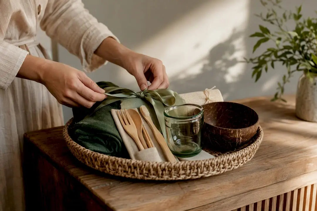 Eco-friendly gift kit on wooden sideboard
