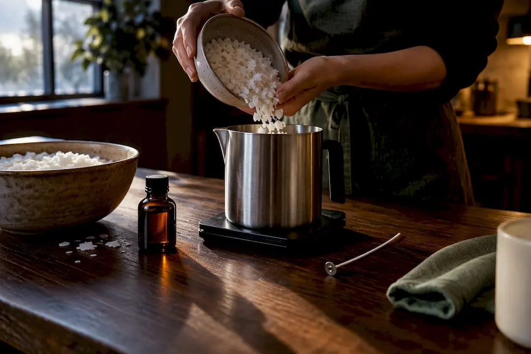Hands measuring soy wax candle ingredients