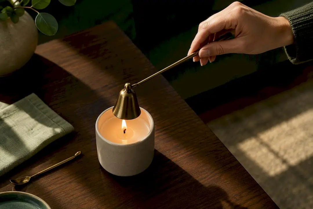 Hand covering candle flame with snuffer