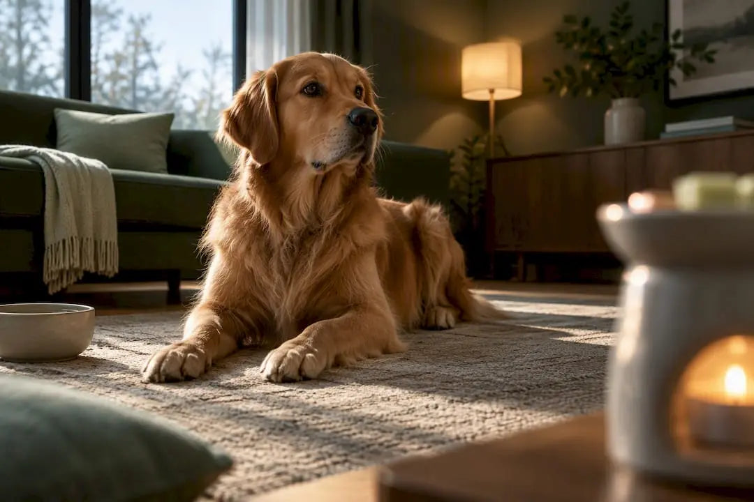 Dog near an anonymous wax warmer