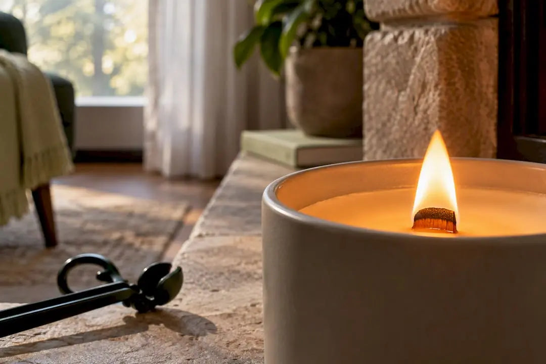 Wood wick flame on stable stone surface