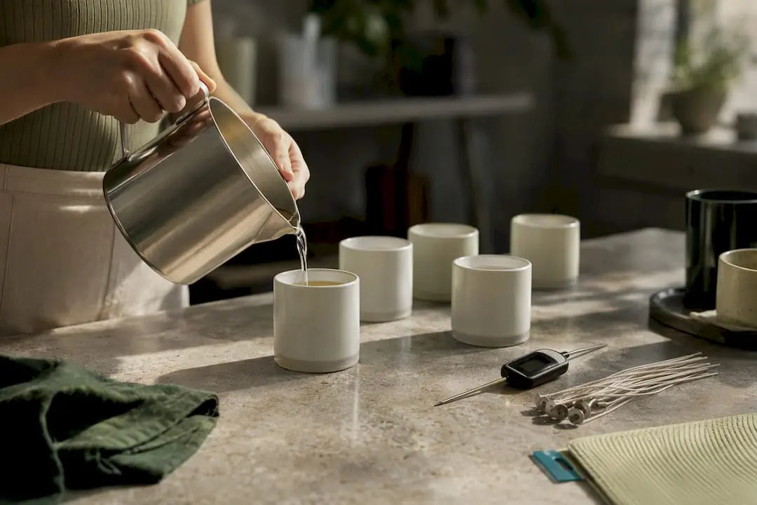 Maker pouring wax into candle test vessels