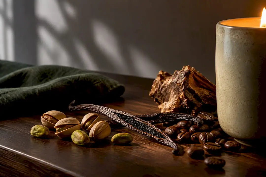 Fall gourmand scent materials beside candlelight