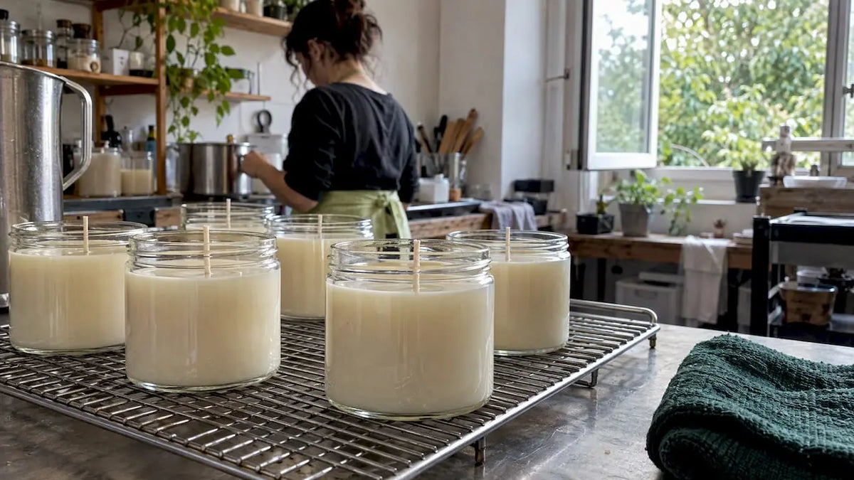 Soy candle jars cooling on wire rack