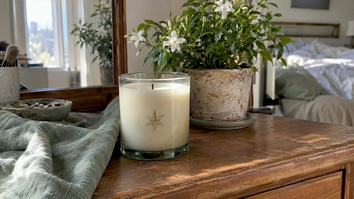 Stars and Cents soy candle beside jasmine plant