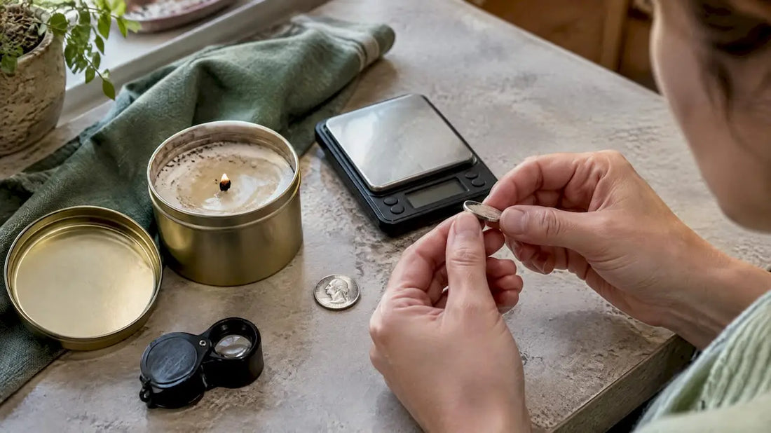 Silver quarter beside open coin candle