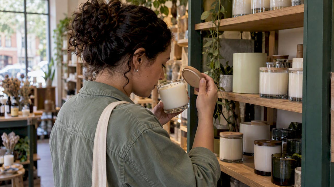 Shopper smelling an unlit soy candle
