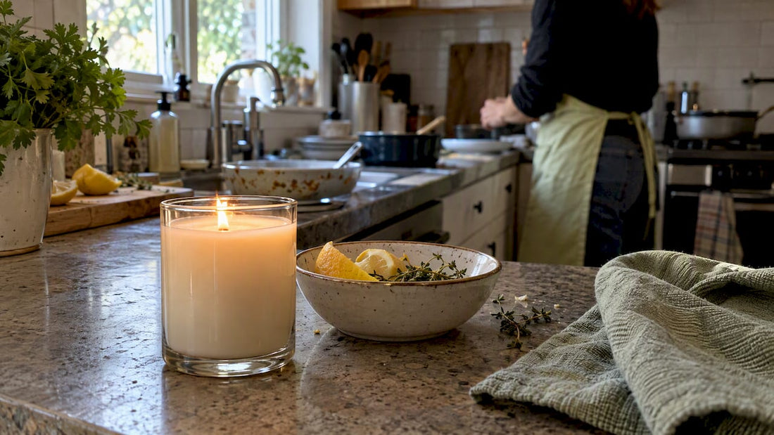 Kitchen candle beside leftover lemon peel