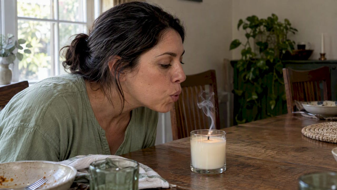 Woman blowing out a candle as smoke rises