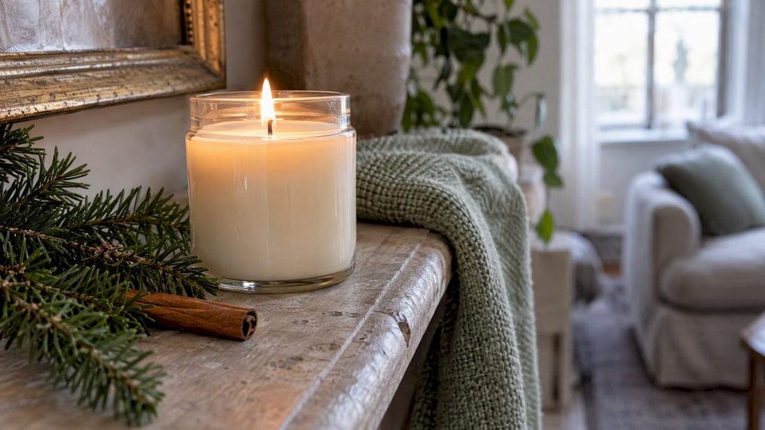 Winter candle beside fir and cinnamon