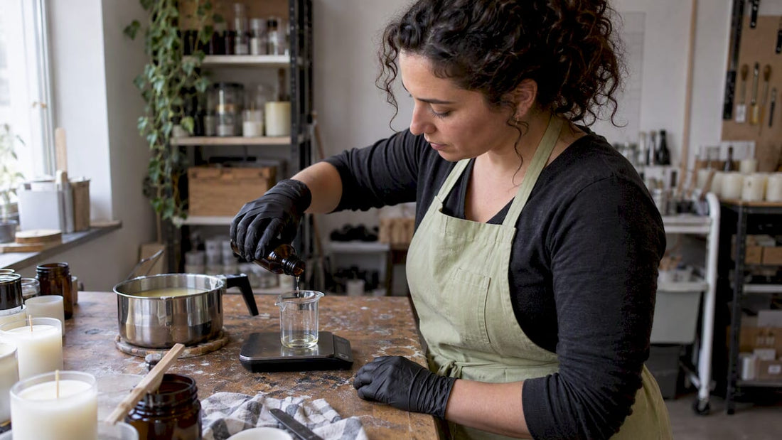 Maker weighing essential oil for candle wax