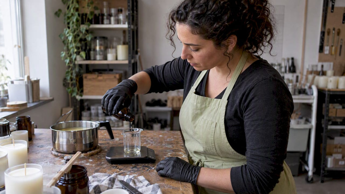 Maker weighing essential oil for candle wax