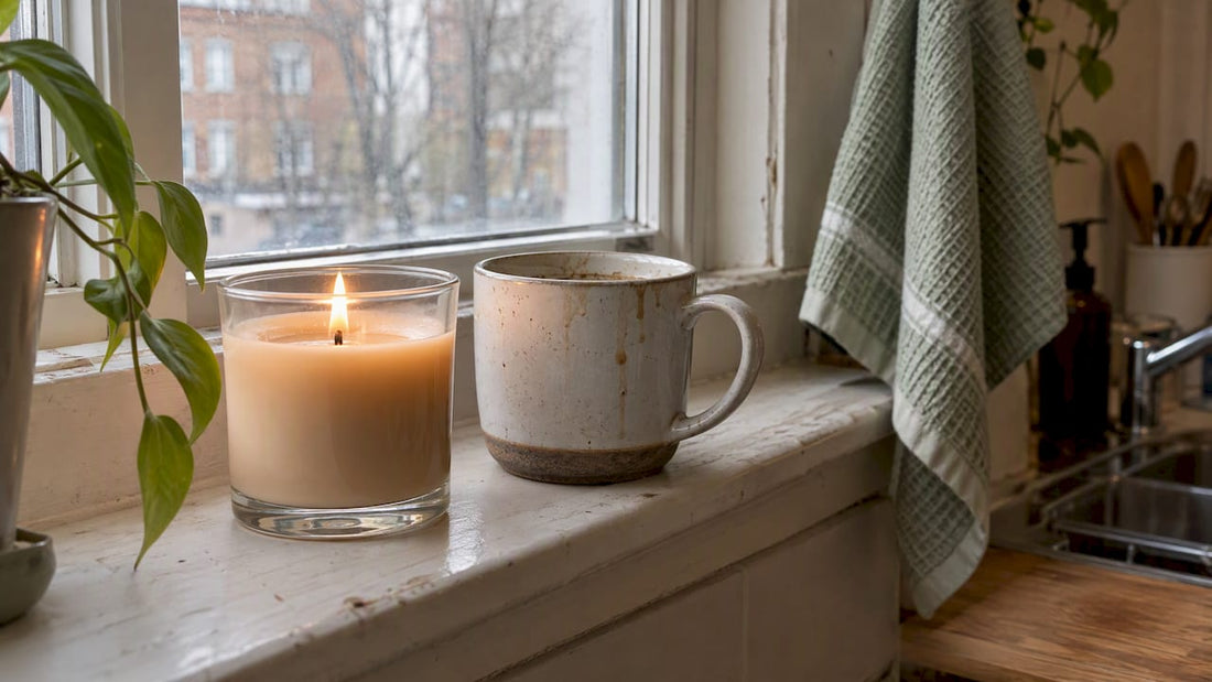 Coffee-scented candle beside a coffee mug