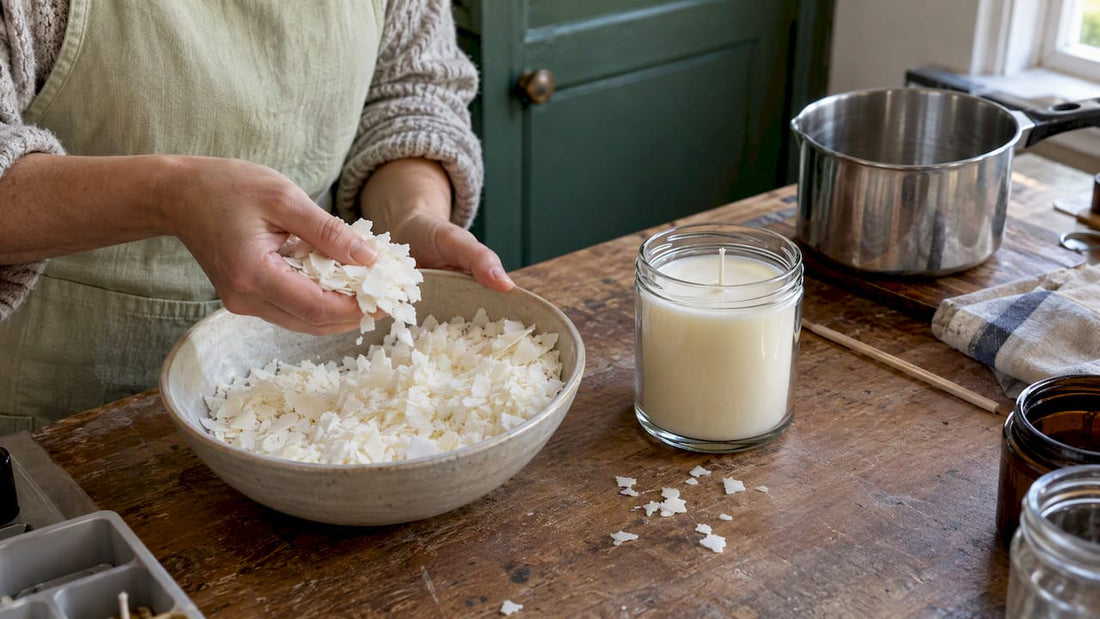 Soy wax flakes beside a jar candle