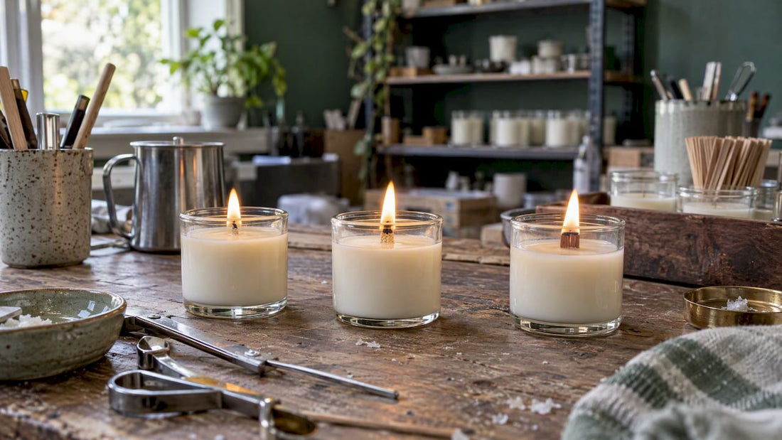 Different candle wick types burning side by side
