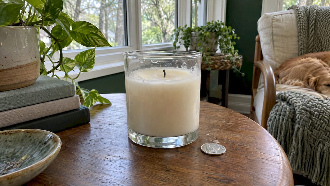 Cooled candle beside its revealed silver coin