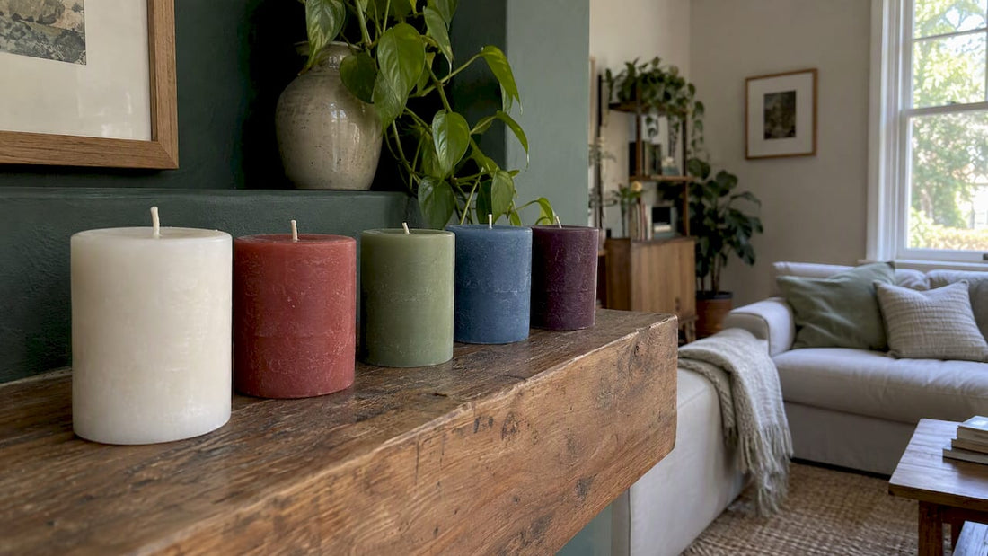 Colored candles on a living room mantel