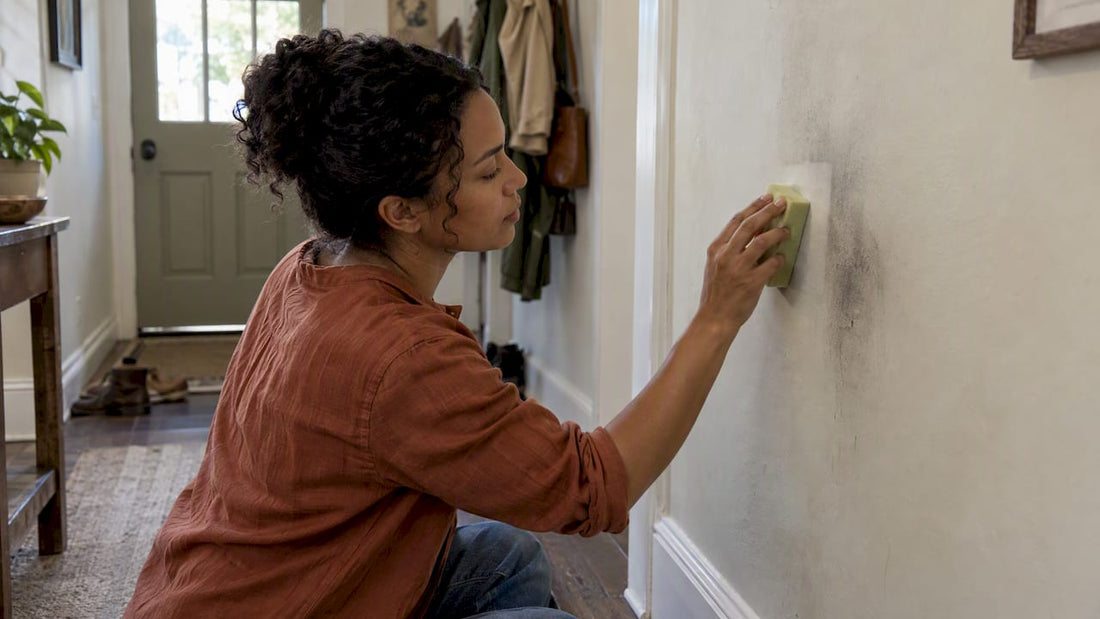 Homeowner cleaning soot from a painted wall