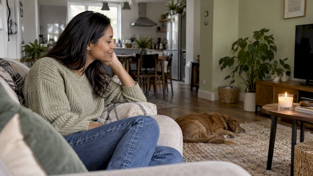 Woman noticing a candle from her sofa