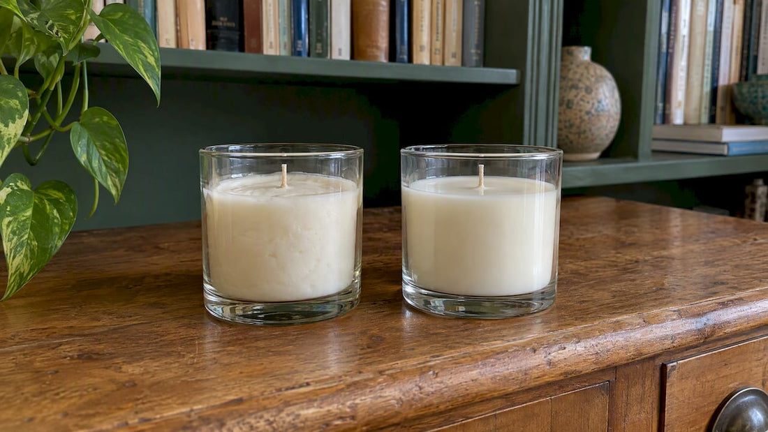 Two candles with contrasting wax surfaces