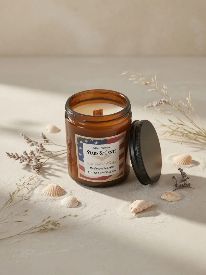 Stars and Cents 7 oz sea salt and orchid wood wick soy candle in amber jar