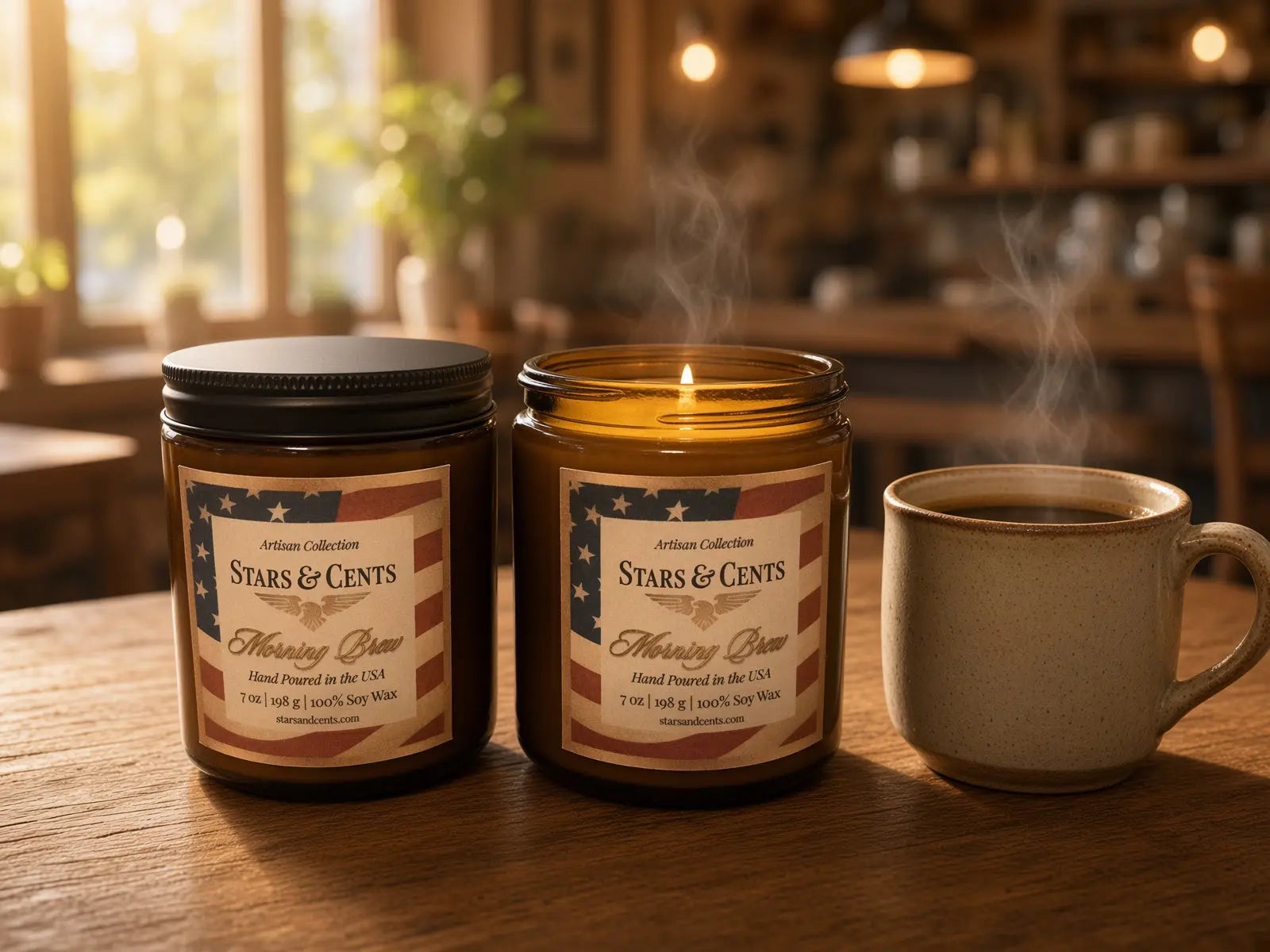 Morning Brew coffee scented candle in 7 oz amber jar