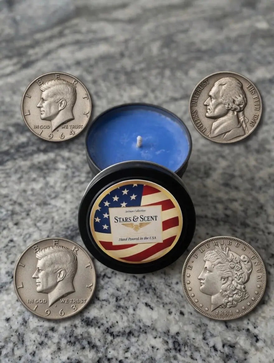 Stars and cents 4oz candle showing some of the coins