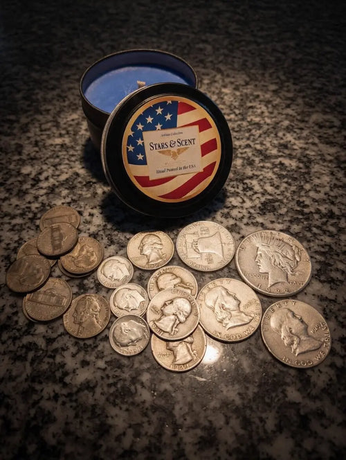 Stars and Cents silver coin soy candle with real US silver coin inside — Apples and Cinnamon 4oz tin