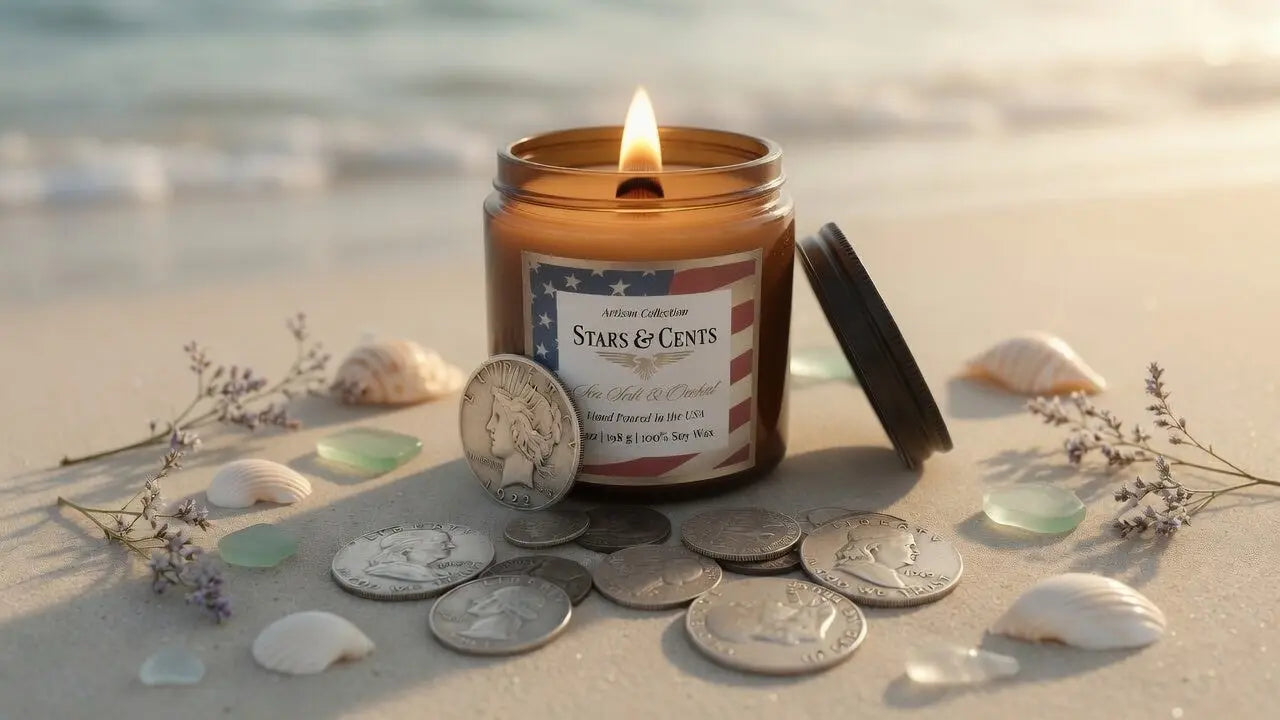 Stars and Cents Sea Salt and Orchid money candle 7oz amber jar wood wick with silver coin inside