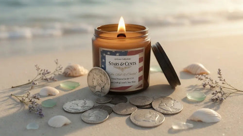 Stars and Cents Sea Salt and Orchid money candle 7oz amber jar wood wick with silver coin inside